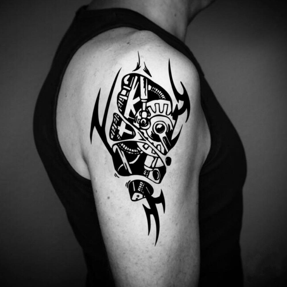 fake big biomechanical bionic robot terminator arm cyborg robotics illustrative temporary tattoo sticker design idea on upper arm leg