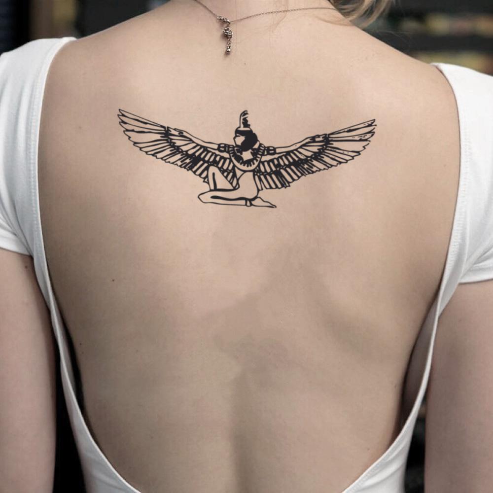 fake big rihanna isis ma'at illustrative temporary tattoo sticker design idea on back