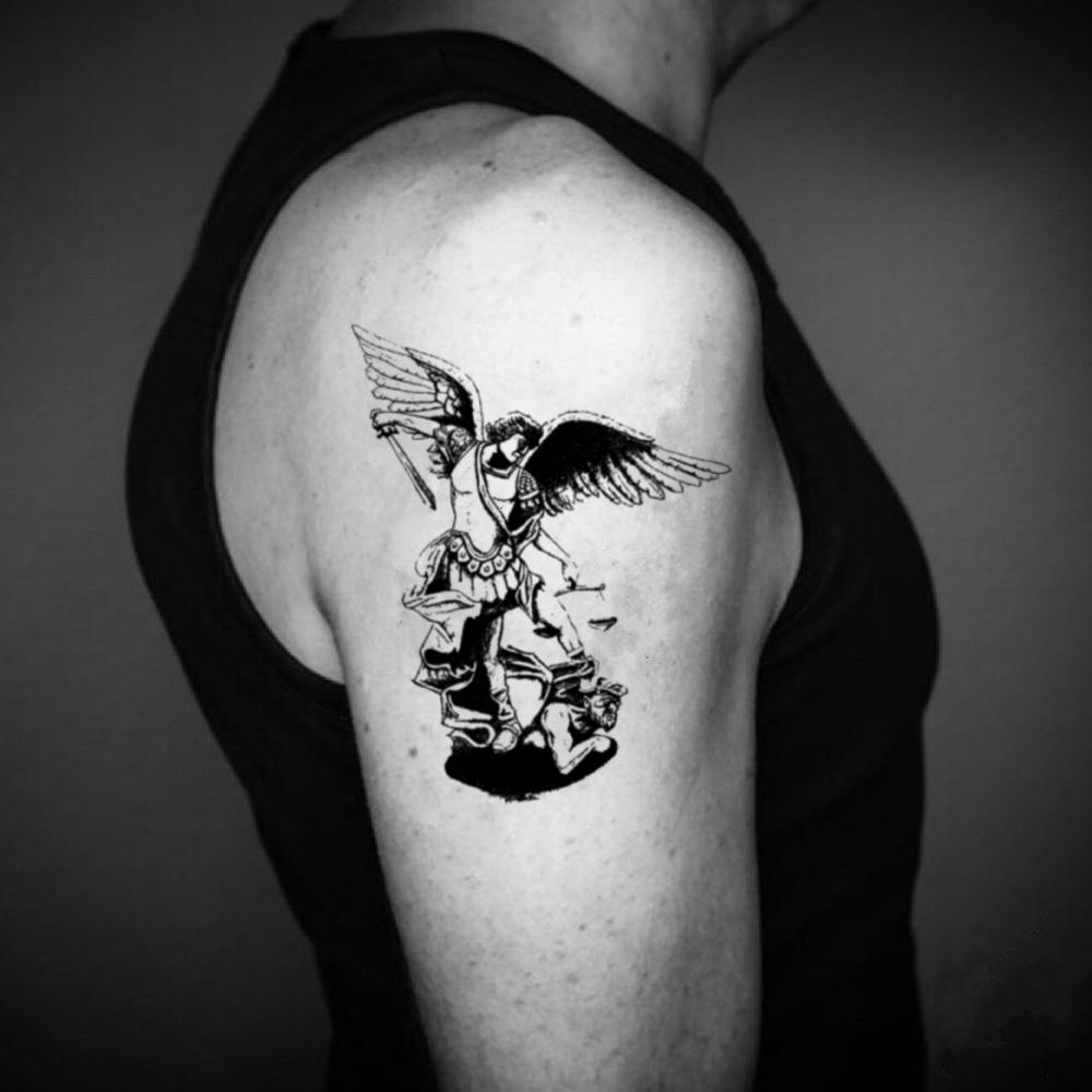 fake big saint st michael the archangel san miguel arcangel lucifer illustrative temporary tattoo sticker design idea on upper arm