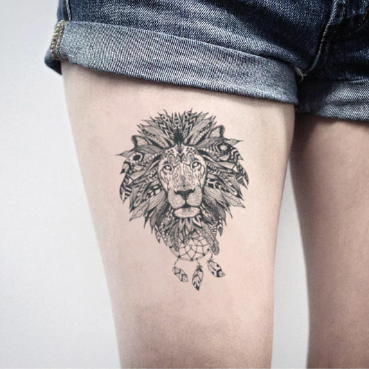 fake medium indian lady art style lion head mandala animal bohemian temporary tattoo sticker design idea on thigh