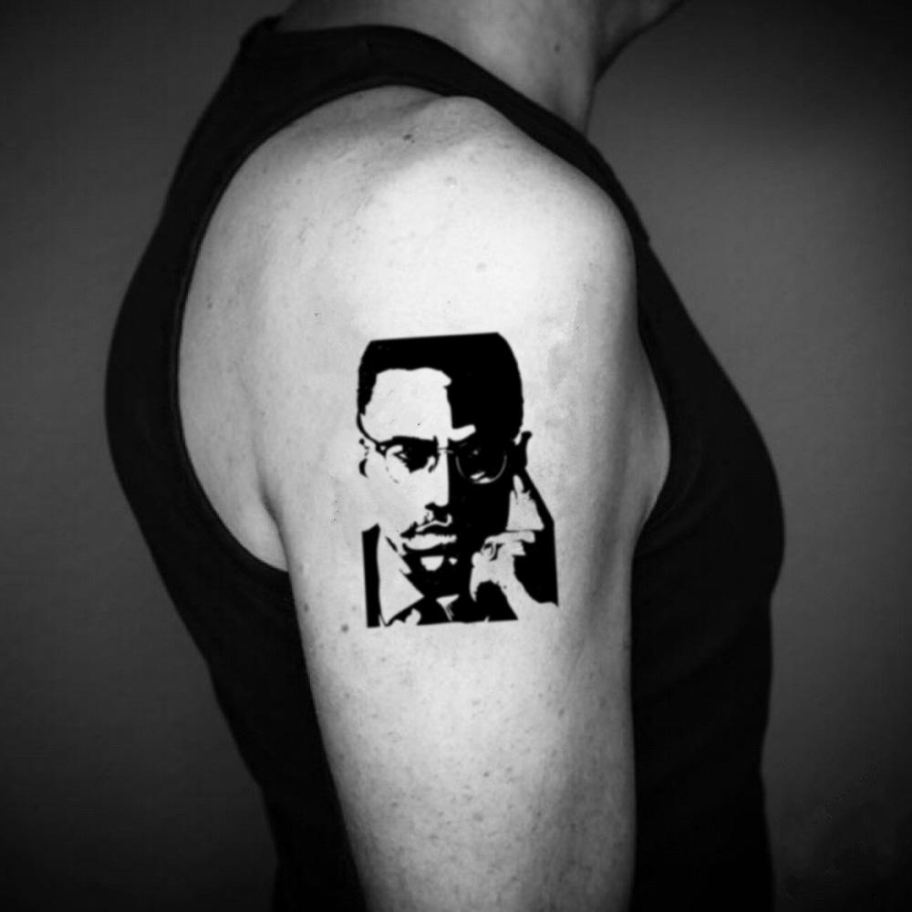 fake medium malcolm x portrait temporary tattoo sticker design idea on upper arm