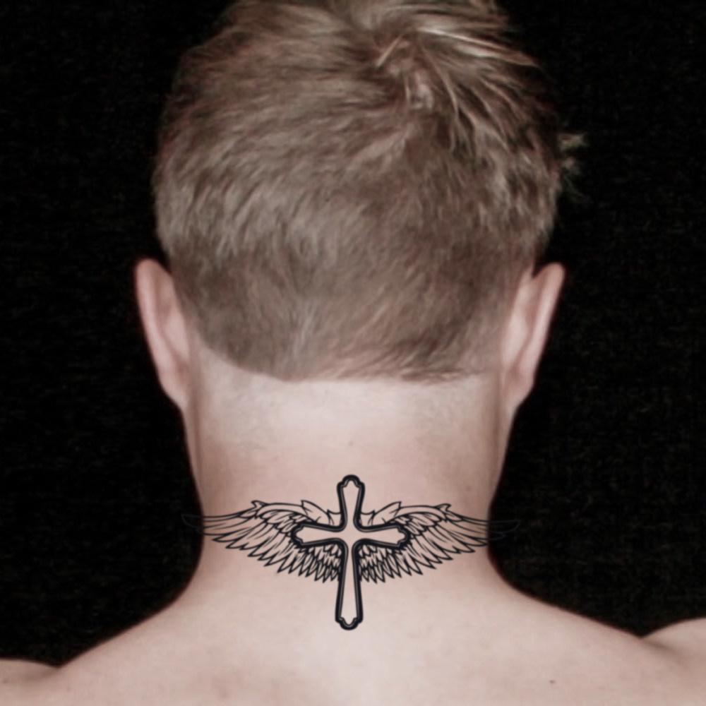 Back of Neck Cross Tattoos with Wings