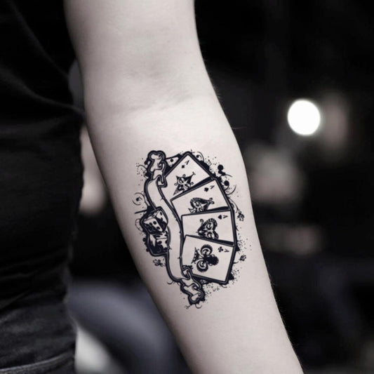 fake medium deck of gamble gambling gambler royal flush playing card dead mans hand vintage temporary tattoo sticker design idea on inner arm