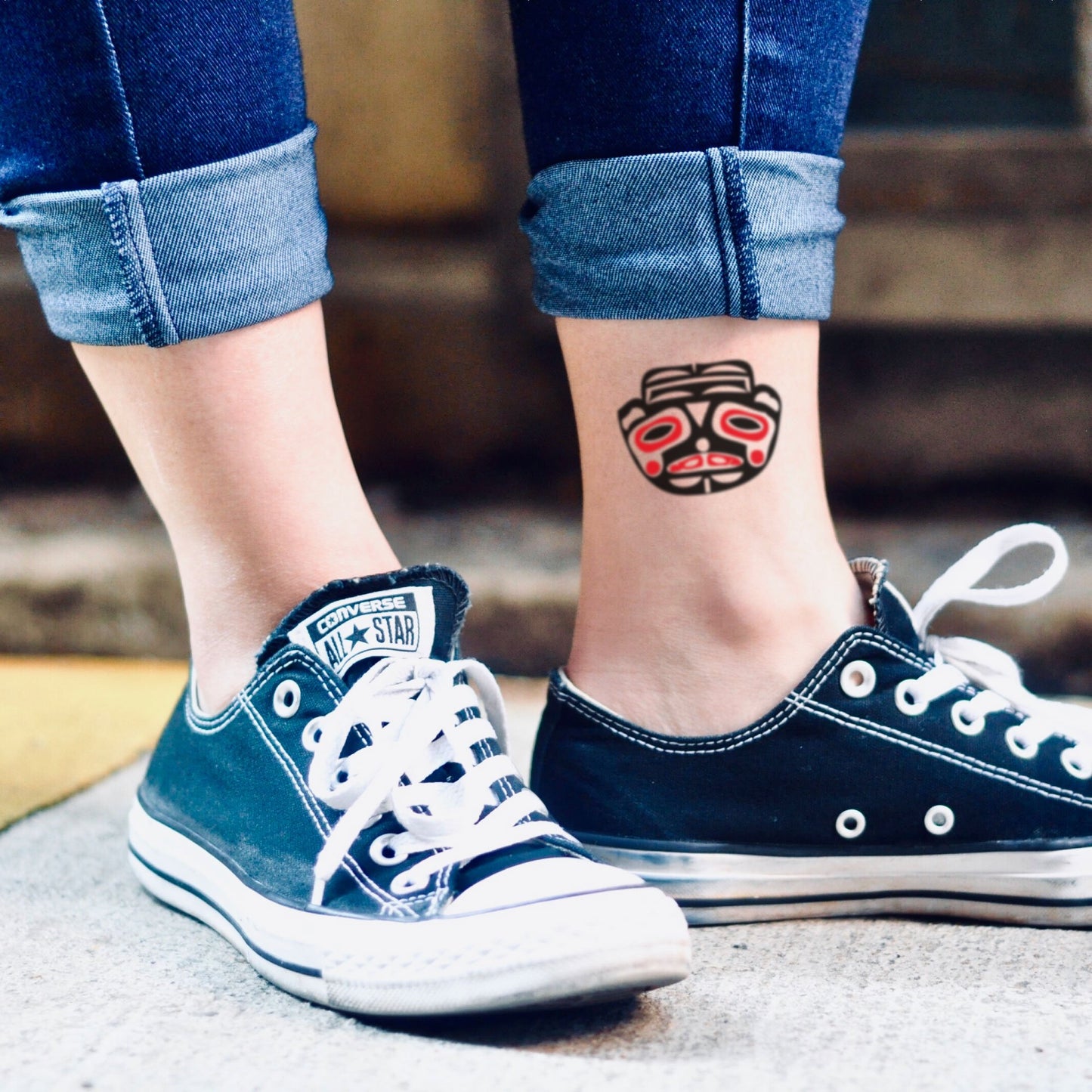 fake small alaska native ethnic mask new age color temporary tattoo sticker design idea on ankle