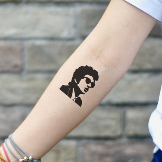 fake small bob dylan portrait temporary tattoo sticker design idea on inner arm