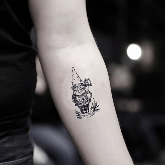 fake small garden gnome cartoon temporary tattoo sticker design idea on inner arm