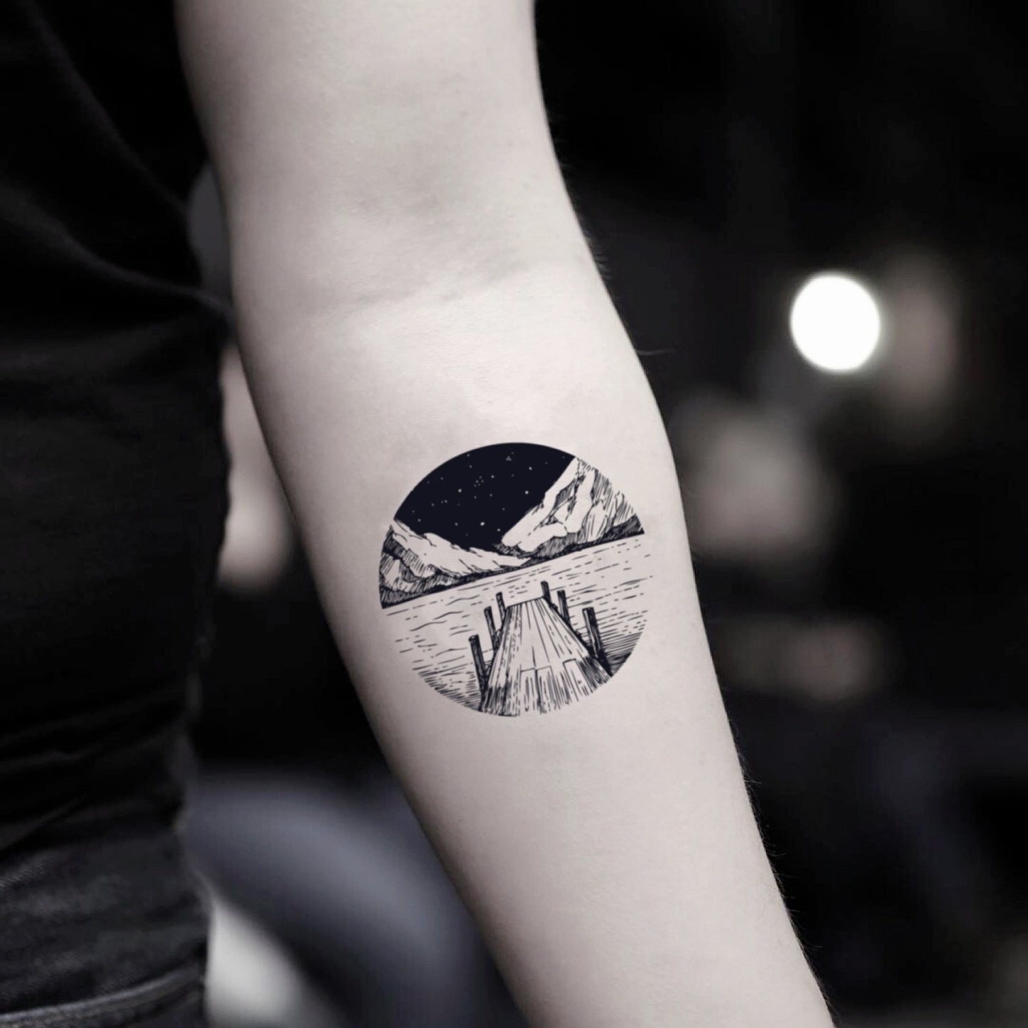 fake small lake half dome nature temporary tattoo sticker design idea on inner arm