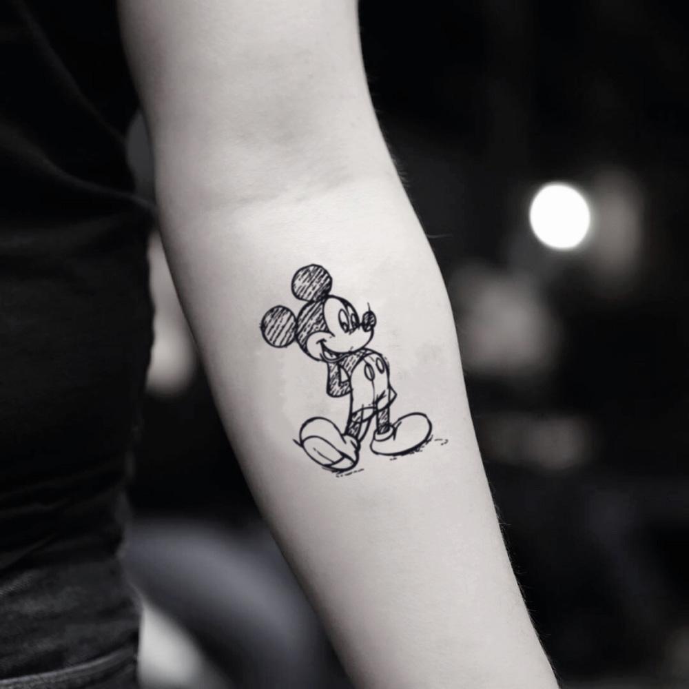 fake small 1928 mickey mouse draft disney character cartoon temporary tattoo sticker design idea on inner arm