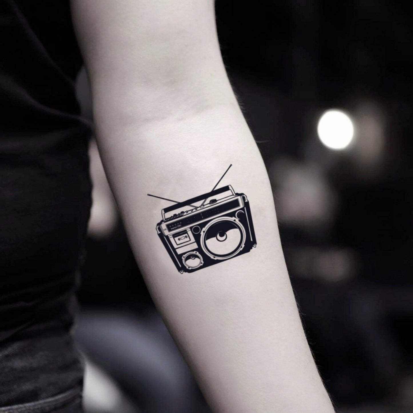 fake small radio retro boombox vintage temporary tattoo sticker design idea on inner arm