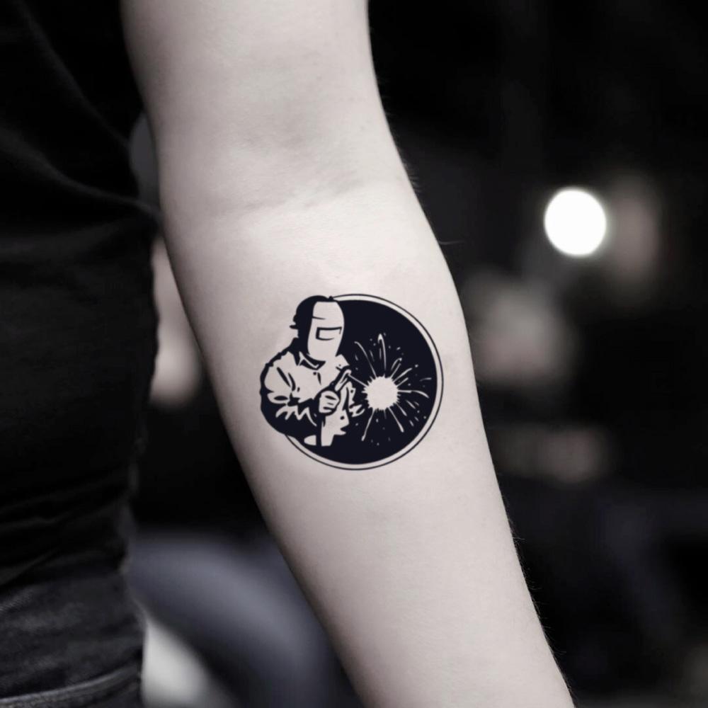 fake small welding welder pipeline illustrative temporary tattoo sticker design idea on inner arm