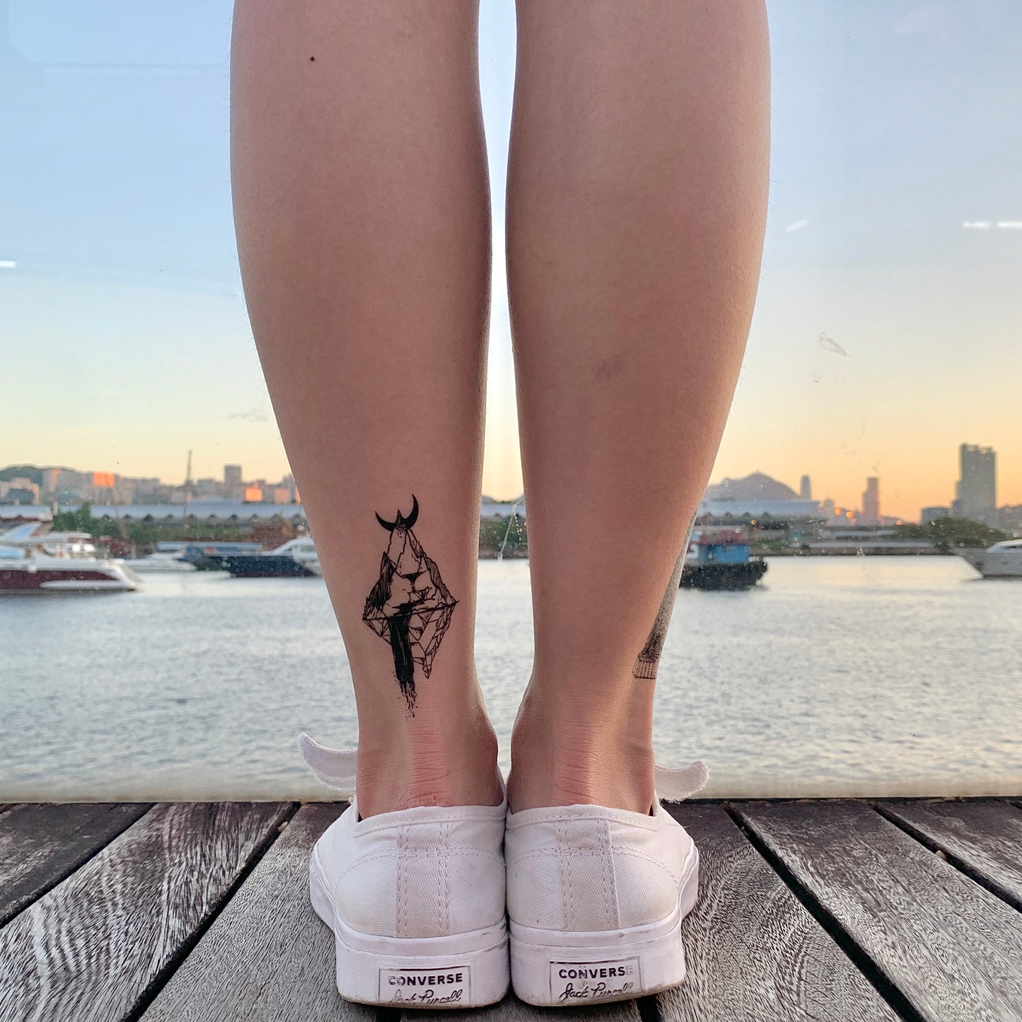 fake small waterfall simple scene mountain moon nature temporary tattoo sticker design idea on calf leg back