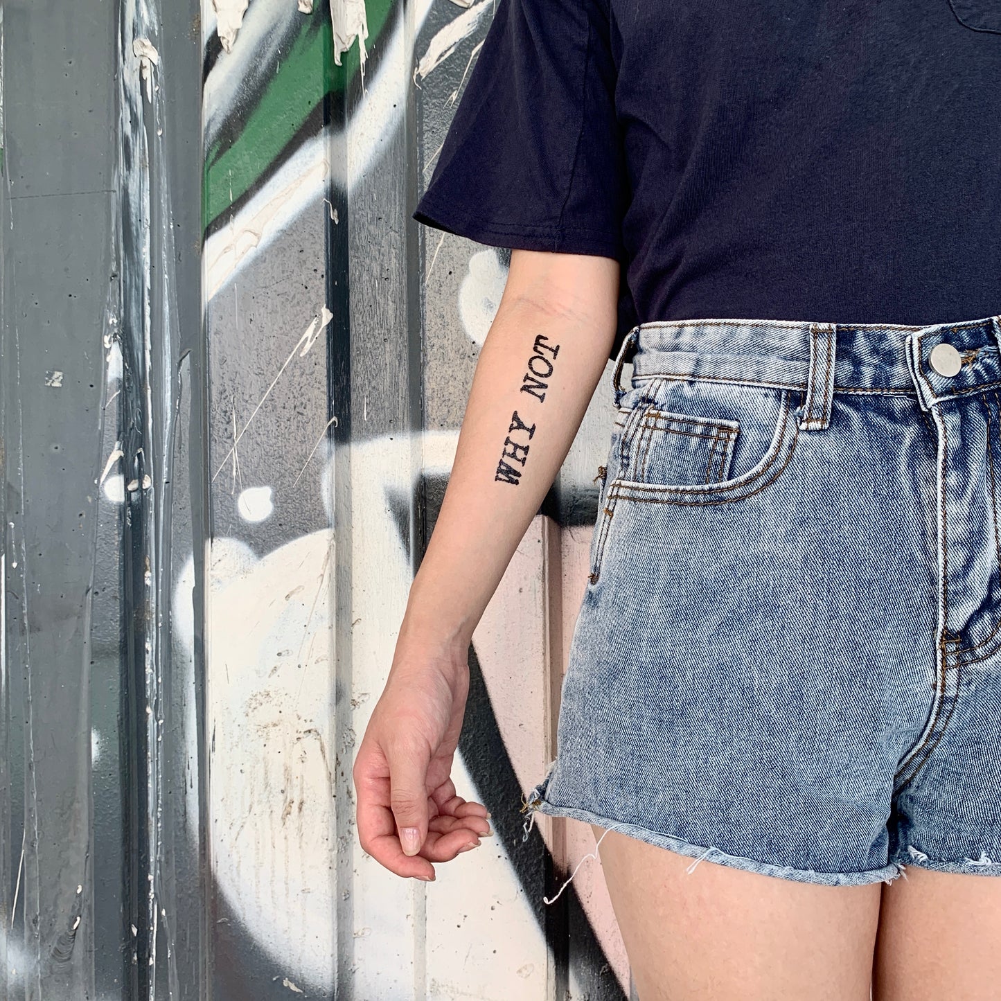 fake small why not lettering temporary tattoo sticker design idea on inner arm