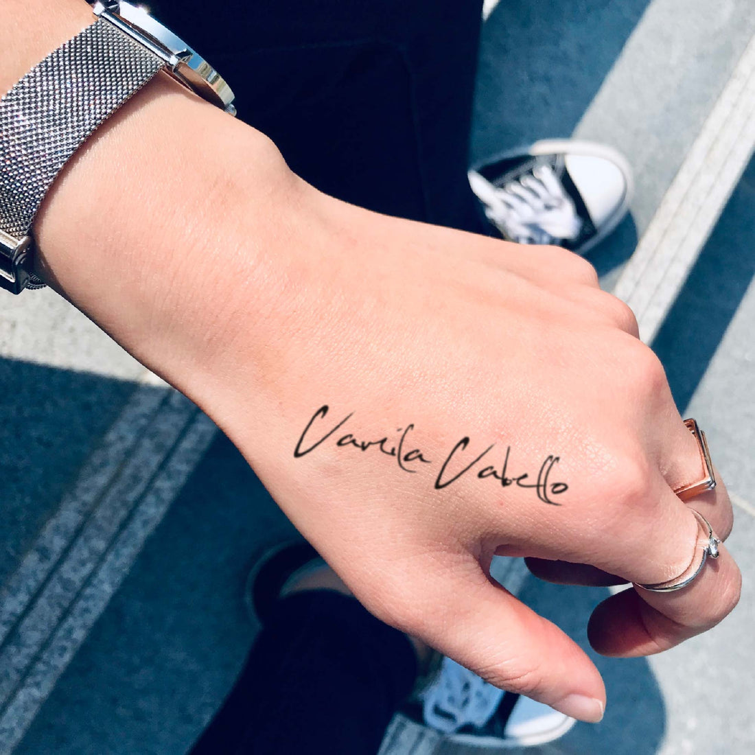 Camila Cabello custom temporary tattoo sticker design idea inspiration meanings removal arm wrist hand words font name signature calligraphy lyrics tour concert outfits merch accessory gift souvenir costumes wear dress up code