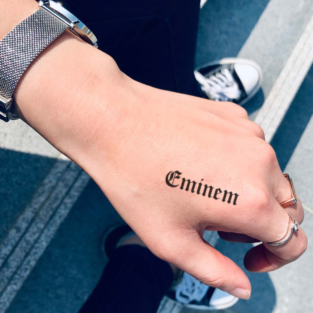Eminem custom temporary tattoo sticker design idea inspiration meanings removal arm wrist hand words font name signature calligraphy lyrics tour concert outfits merch accessory gift souvenir costumes wear dress up code