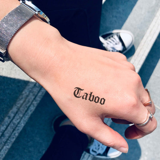 Taboo custom temporary tattoo sticker design idea inspiration meanings removal arm wrist hand words font name signature calligraphy lyrics tour concert outfits merch accessory gift souvenir costumes wear dress up code