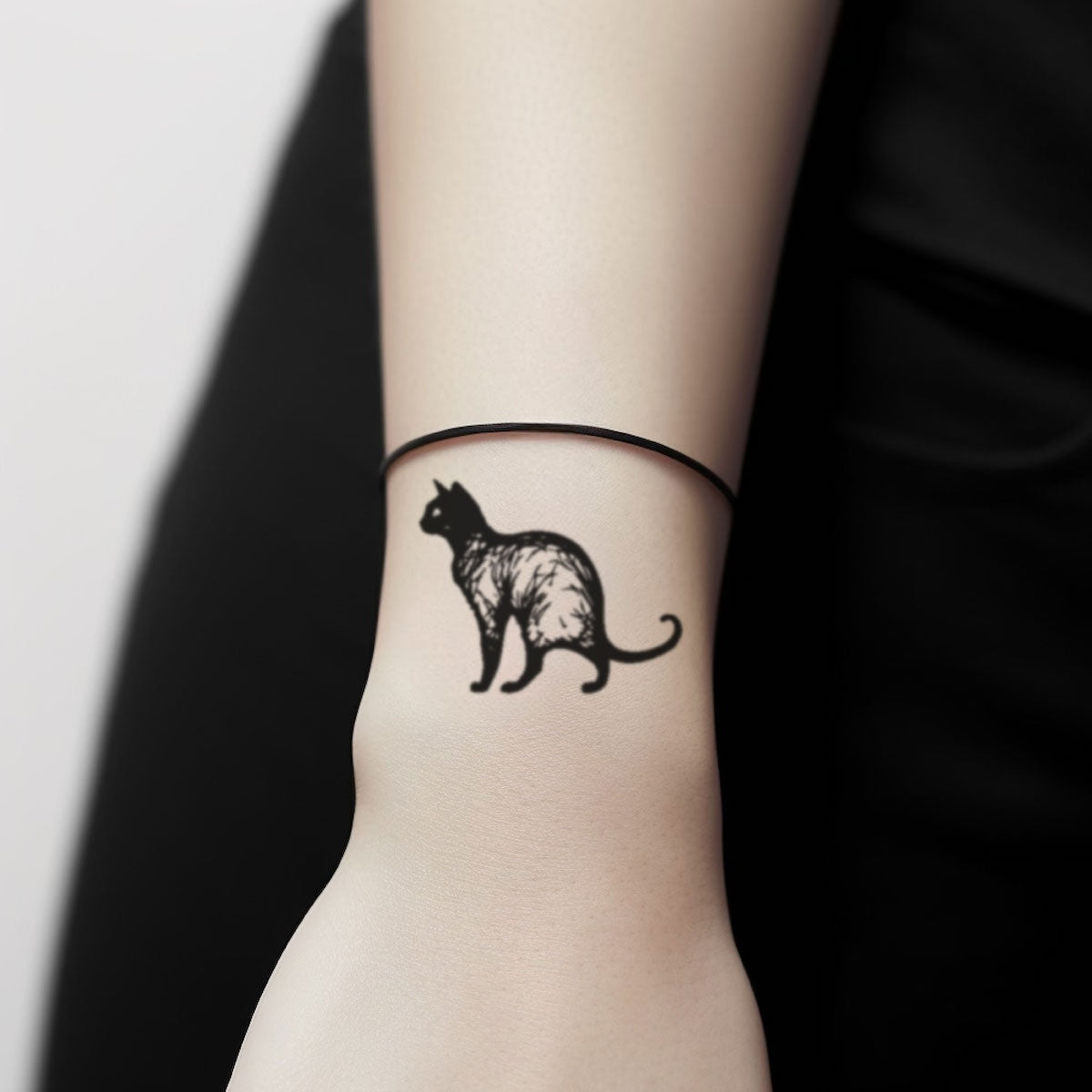 best cool simple small black sketchy cat outline minimalist animal fake realistic temporary tattoo sticker design idea for men and women on wrist lower arm forearm hand