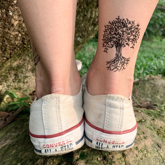 fake small little ash banyan leafless tree nature temporary tattoo sticker design idea on ankle