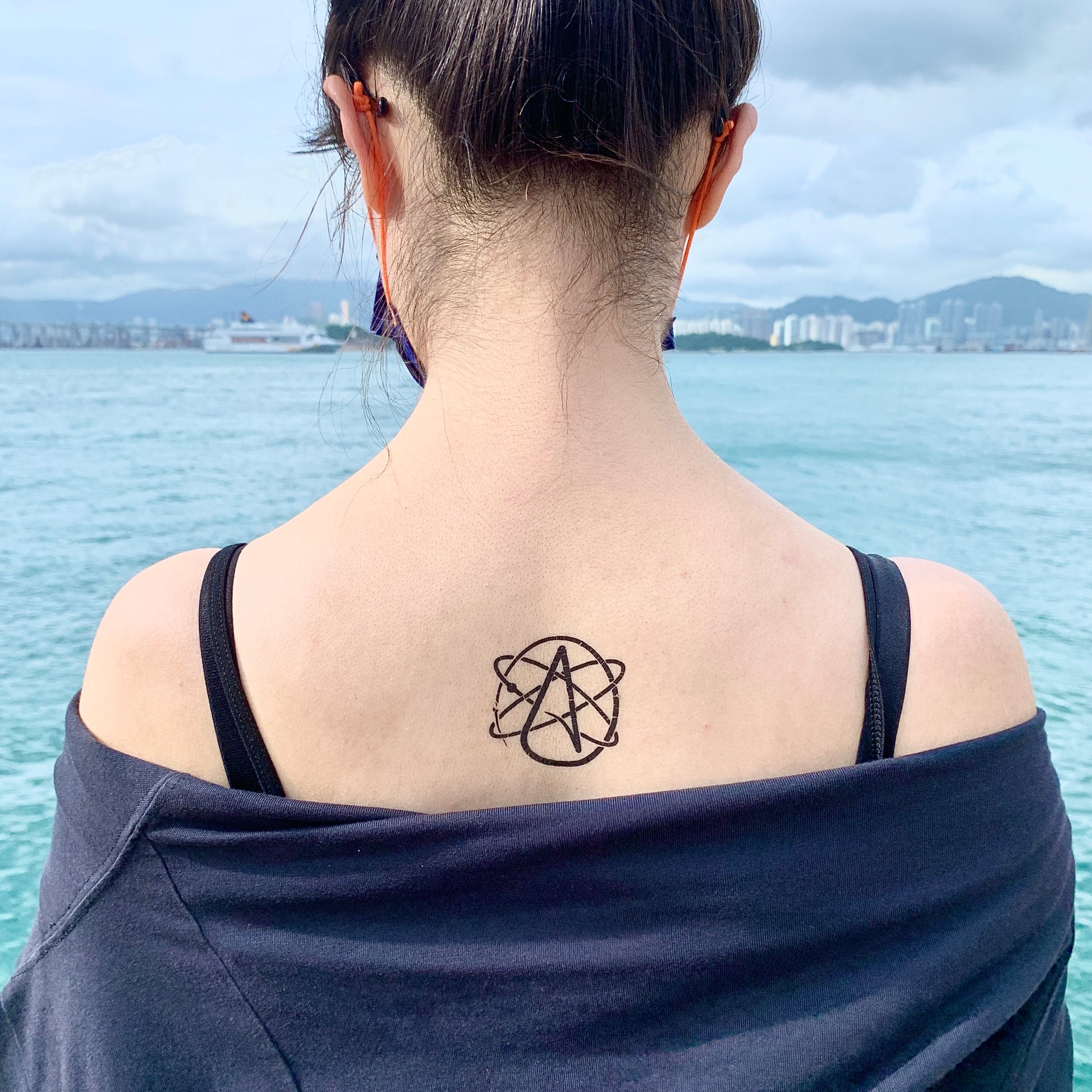 fake small atheist agnostic anti religion geometric temporary tattoo sticker design idea on back