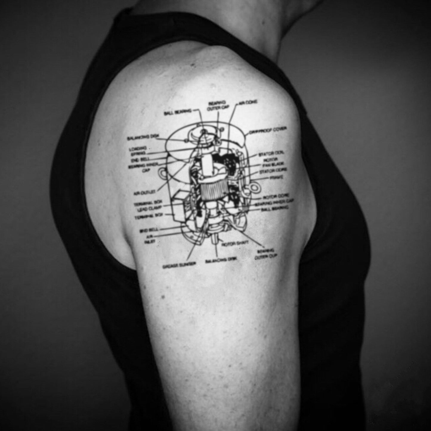 fake big alternator illustrative temporary tattoo sticker design idea on upper arm