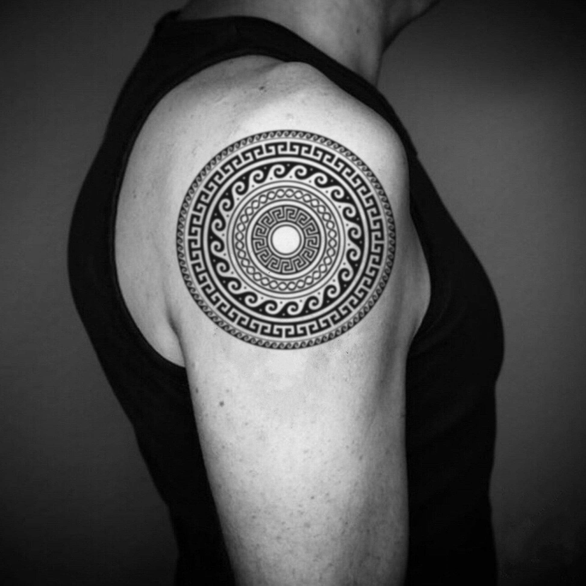fake big ancient greek brazos geometric temporary tattoo sticker design idea on upper arm