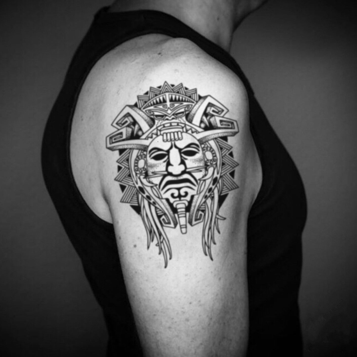 fake big apocalypto mayan tribal bicep temporary tattoo sticker design idea on upper arm