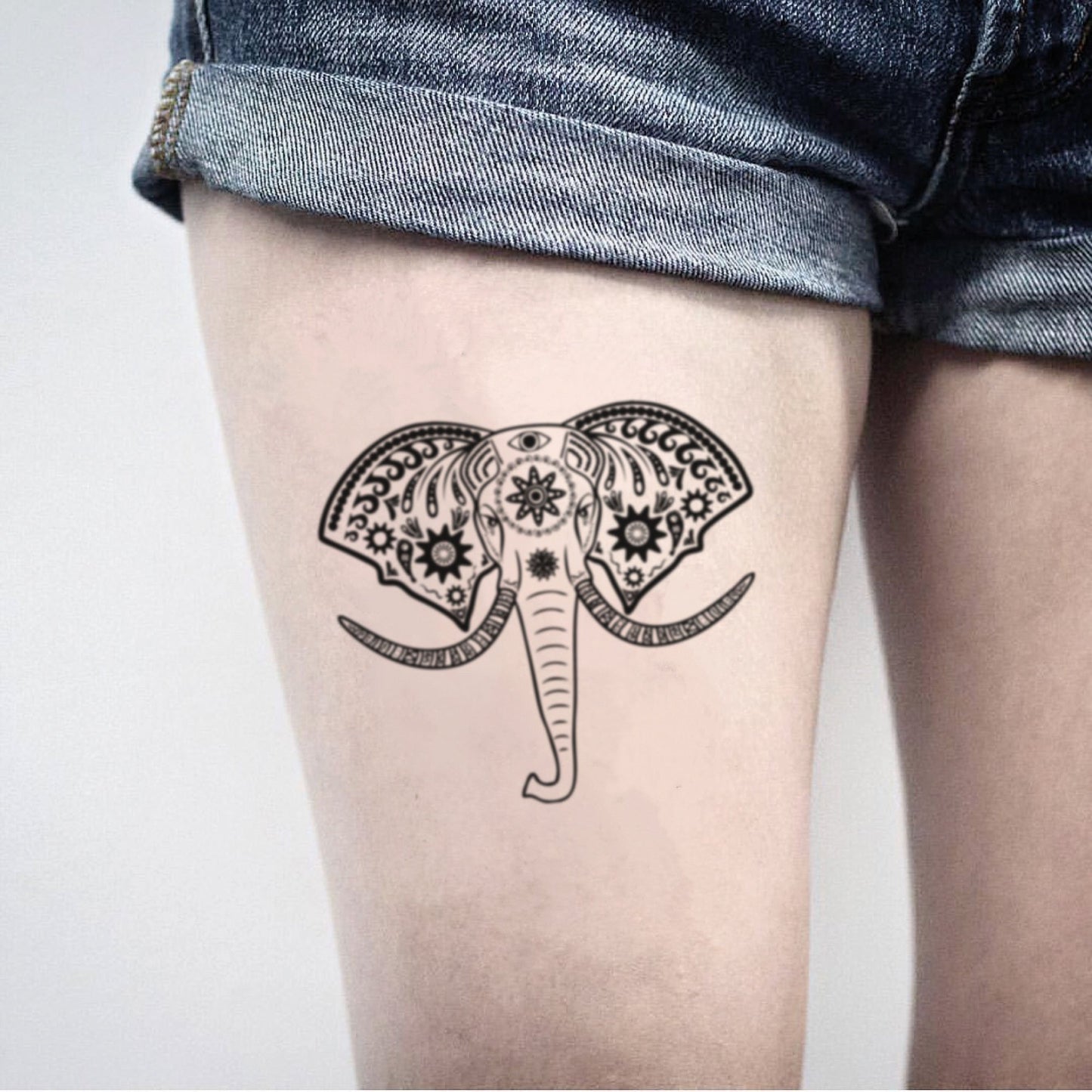 fake big asian elephant mammoth animal temporary tattoo sticker design idea on thigh