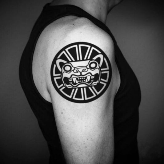 fake big aztec jaguar illustrative temporary tattoo sticker design idea on upper arm