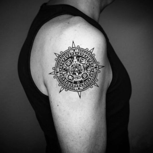 fake big aztec sun god baldur tribal temporary tattoo sticker design idea on upper arm