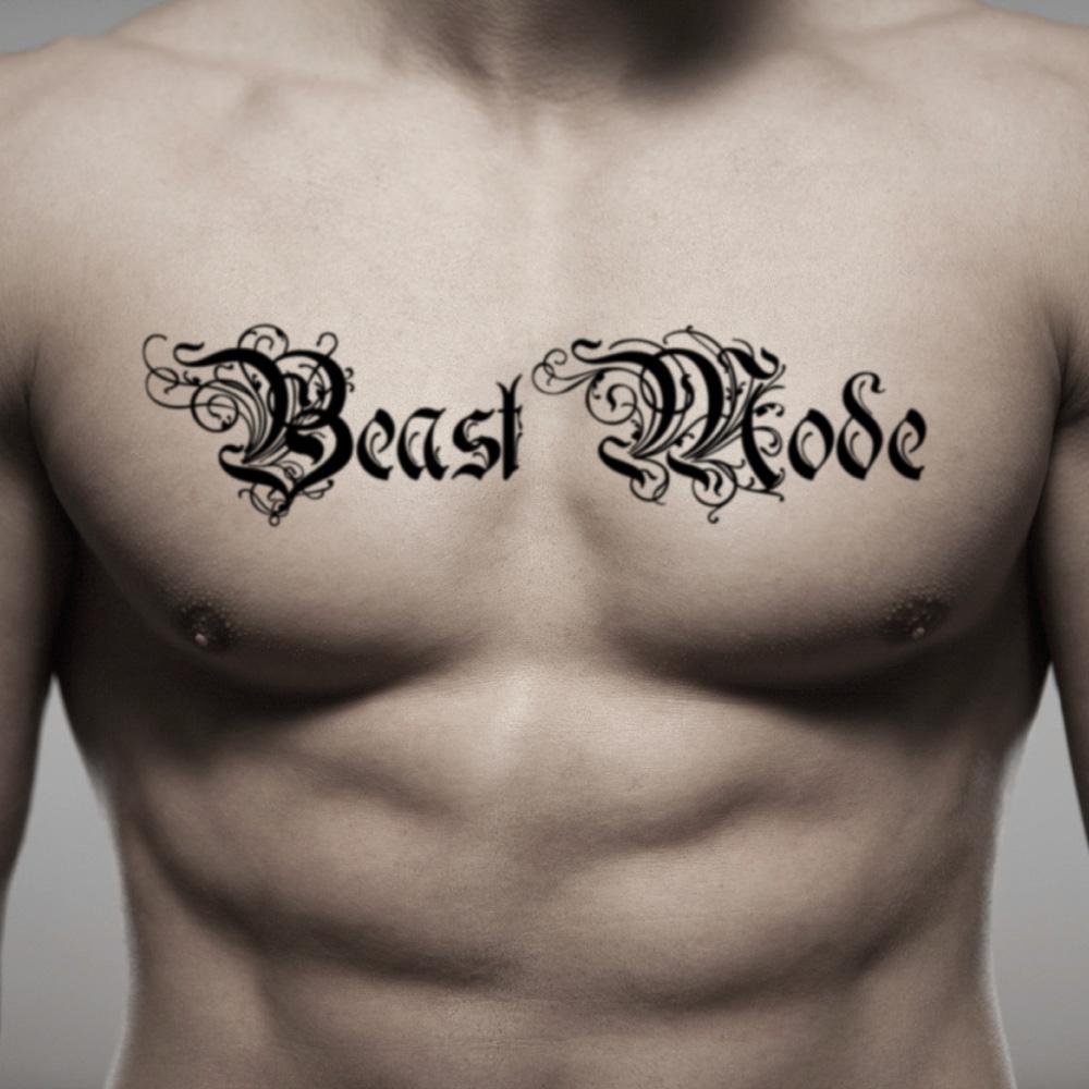 fake big beast mode traditional english lettering temporary tattoo sticker design idea on chest