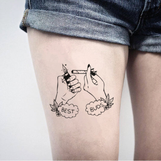 fake big best blunt buds buddy illustrative temporary tattoo sticker design idea on thigh