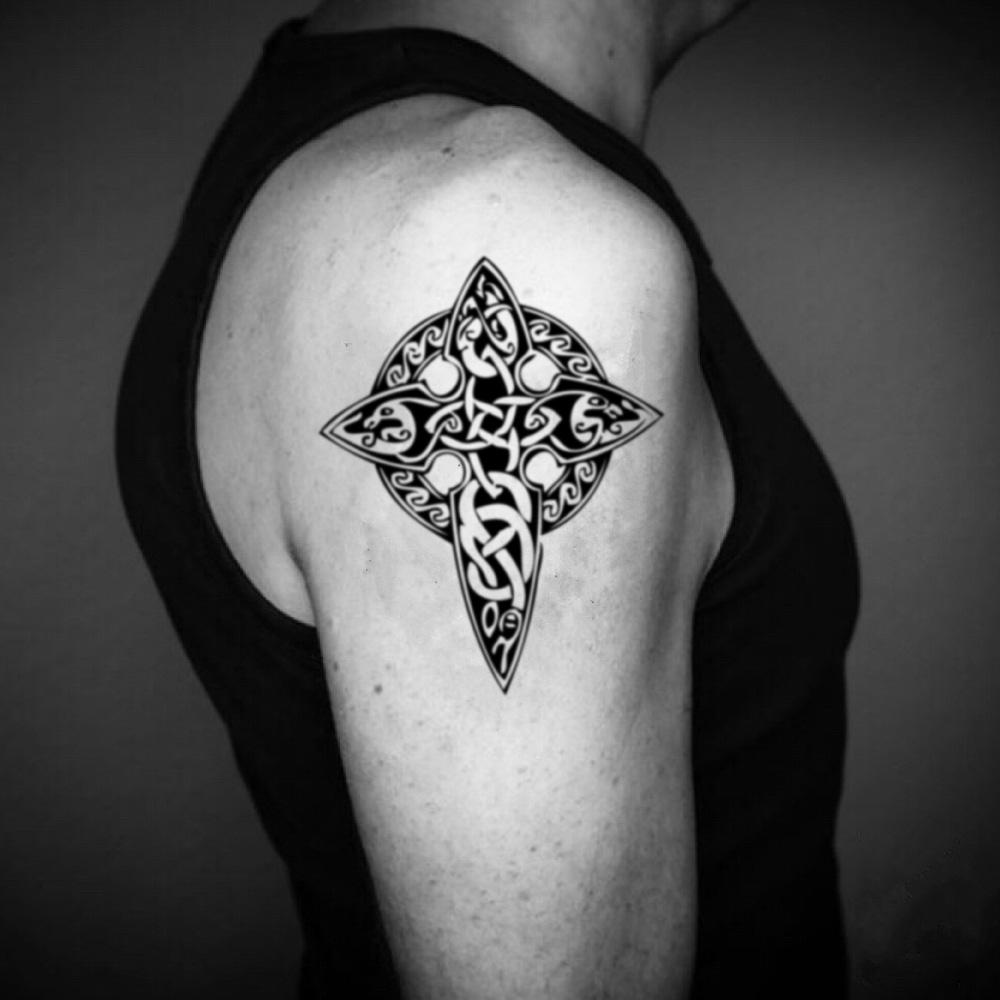 fake big celtic tribal irish warrior cross tribal temporary tattoo sticker design idea on upper arm