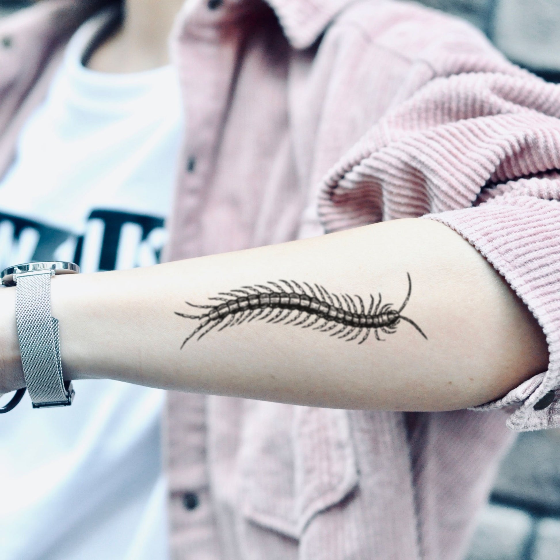 fake big centipede animal temporary tattoo sticker design idea on forearm