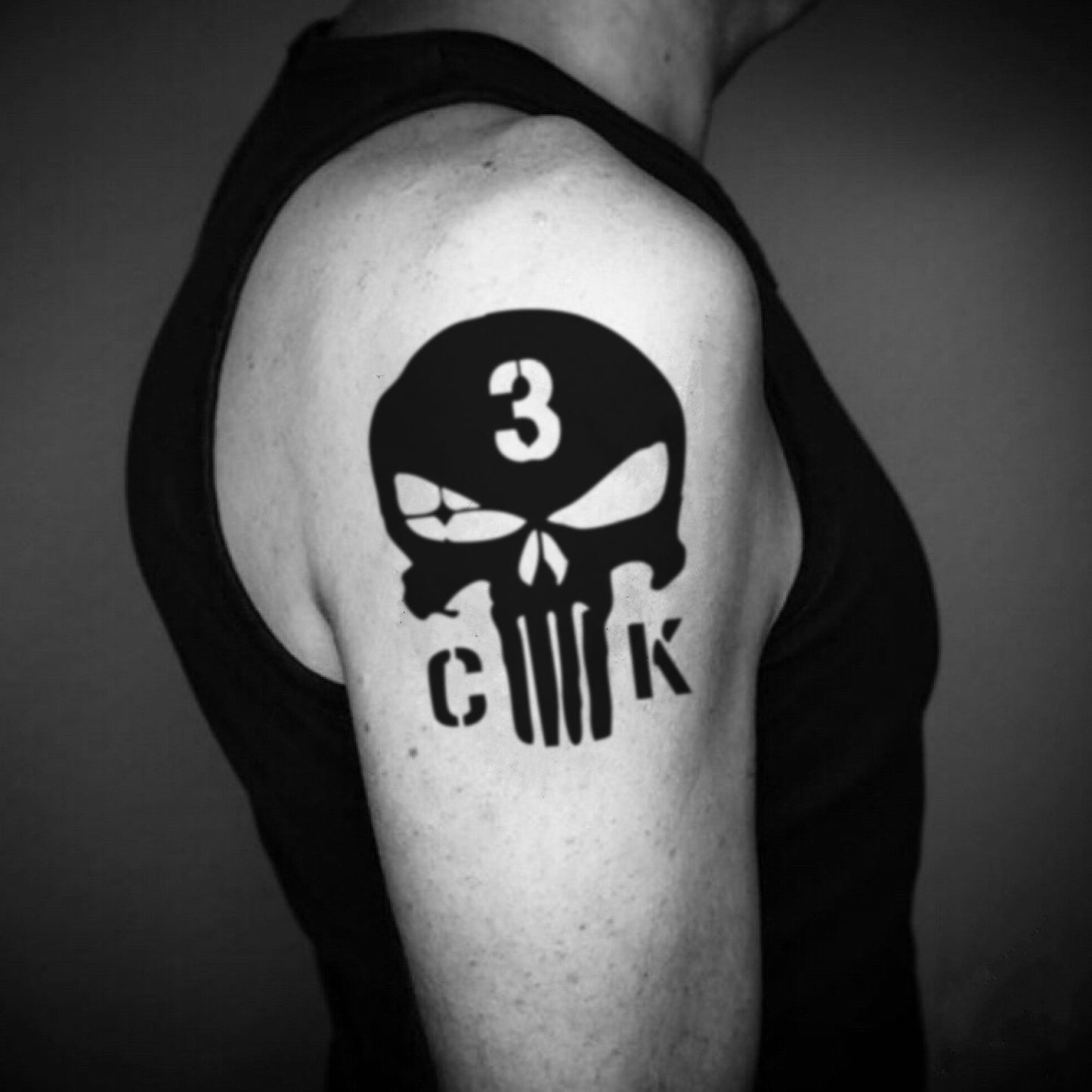 fake big chris kyle illustrative temporary tattoo sticker design idea on upper arm