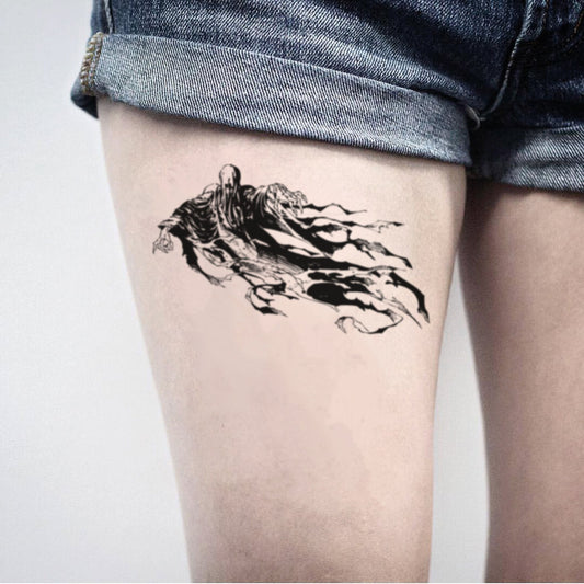fake big dark and deadly dementor Illustrative temporary tattoo sticker design idea on thigh