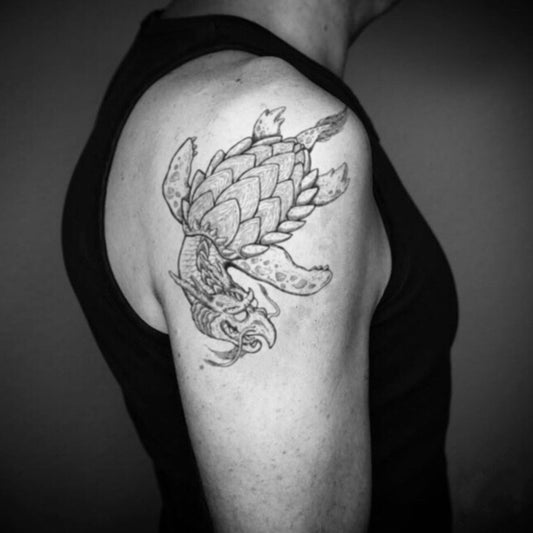fake big dragon turtle dunkle Animal temporary tattoo sticker design idea on upper arm