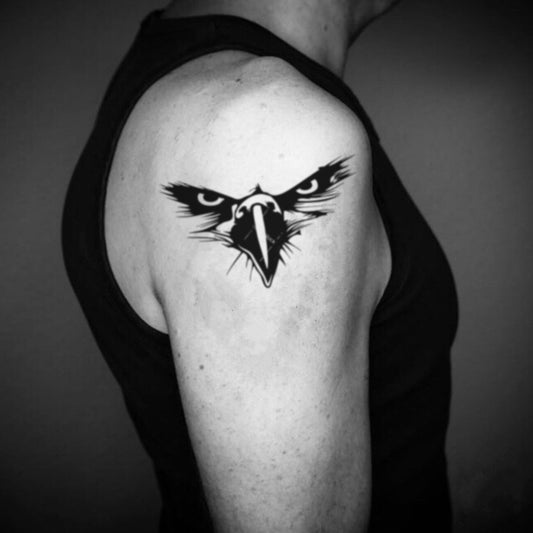 fake big eagle owl eye animal temporary tattoo sticker design idea on upper arm