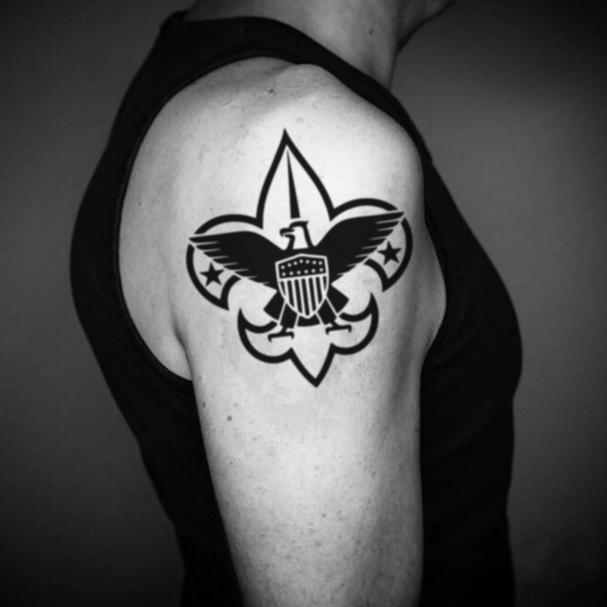 fake big eagle scout Illustrative temporary tattoo sticker design idea on upper arm
