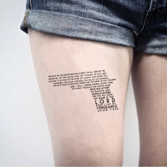 fake big ezekiel 25:17 lettering temporary tattoo sticker design idea on thigh
