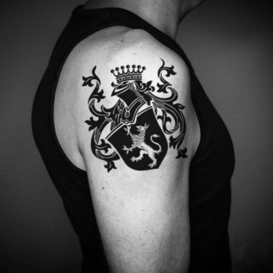 fake big family crest coat of arms Illustrative temporary tattoo sticker design idea on upper arm