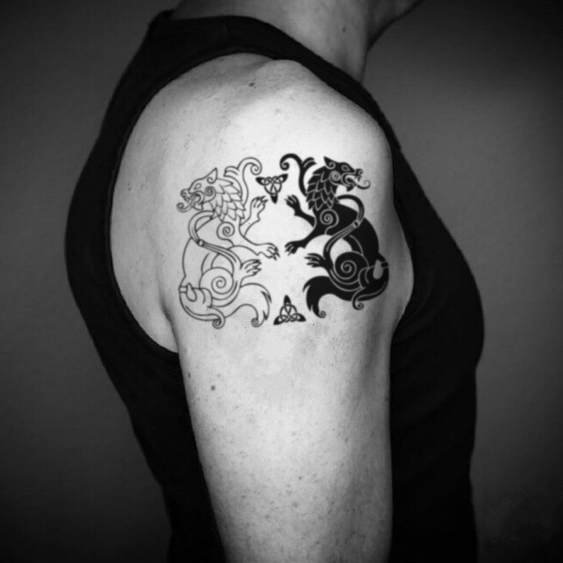 fake big geri and freki odin's wolves norse mythology celtic nordic tribal temporary tattoo sticker design idea on upper arm