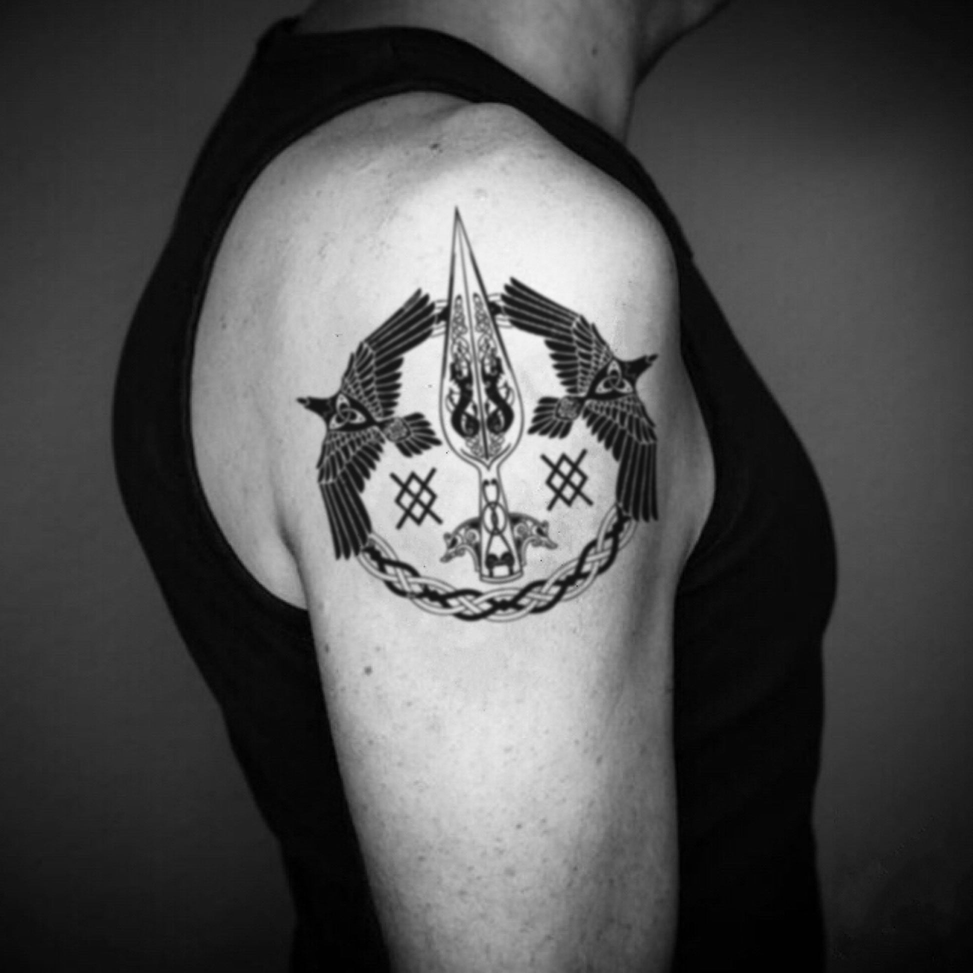 fake big gungnir tribal temporary tattoo sticker design idea on upper arm