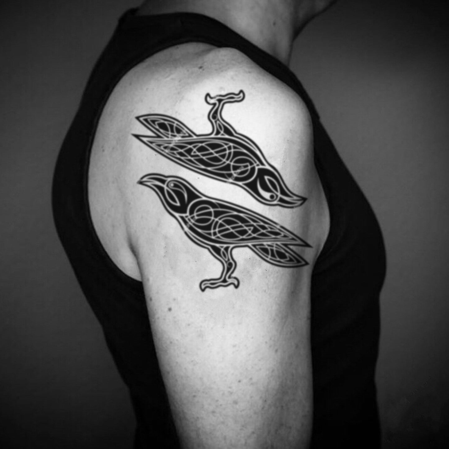 fake big huginn and muninn odin's ravens tribal temporary tattoo sticker design idea on upper arm