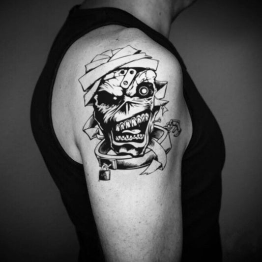 fake big iron maiden illustrative temporary tattoo sticker design idea on upper arm