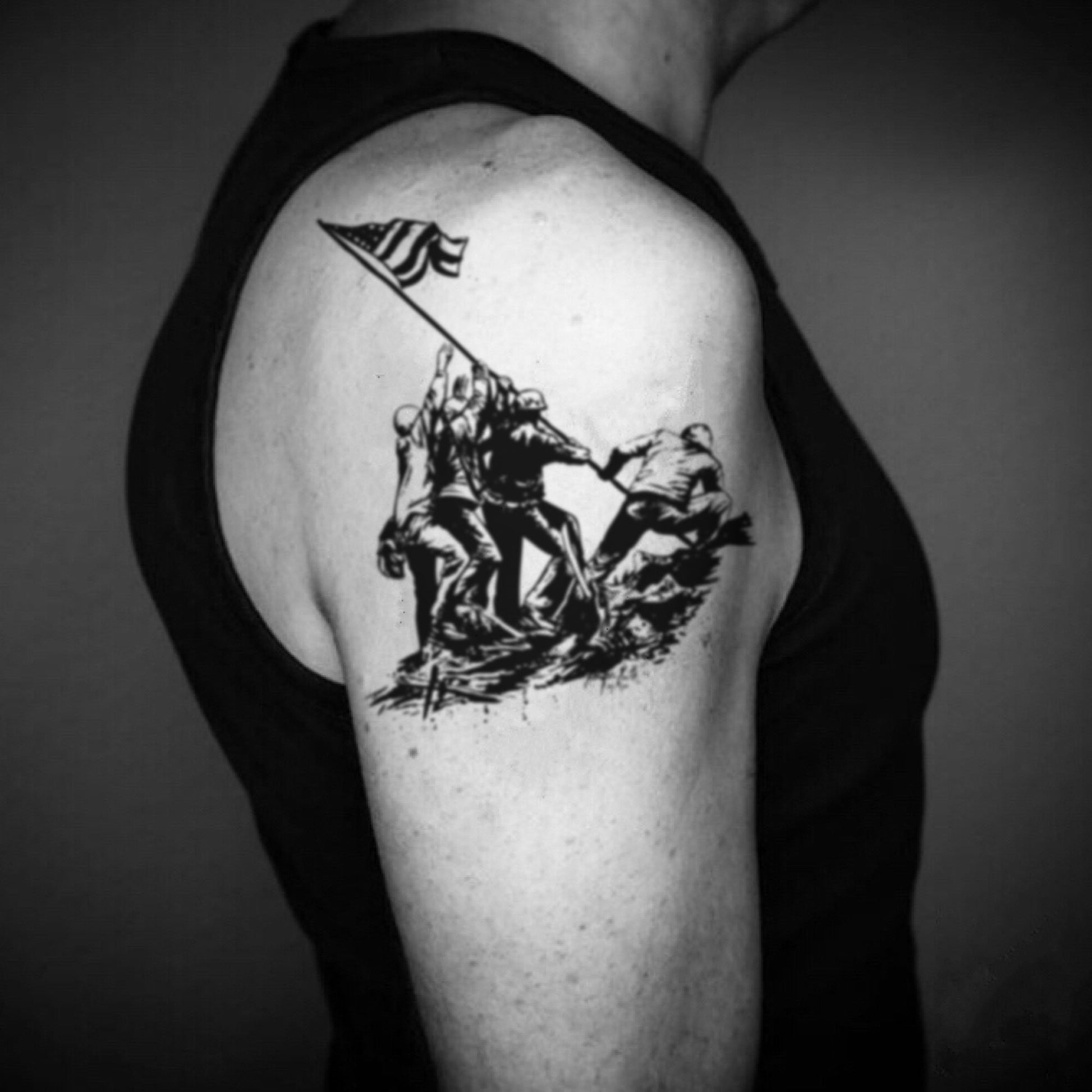 fake big iwo jima flag raising illustrative temporary tattoo sticker design idea on upper arm