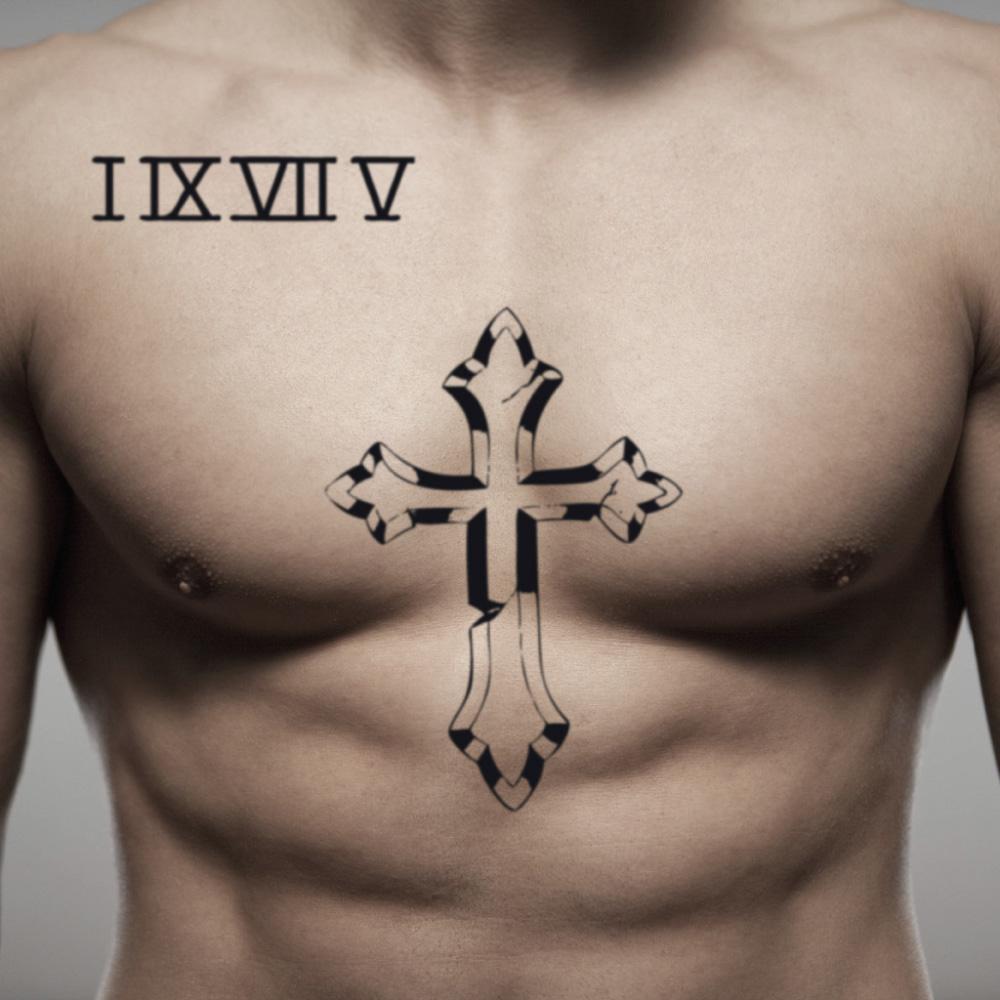 fake big justin bieber sternum chest cross illustrative temporary tattoo sticker design idea on chest