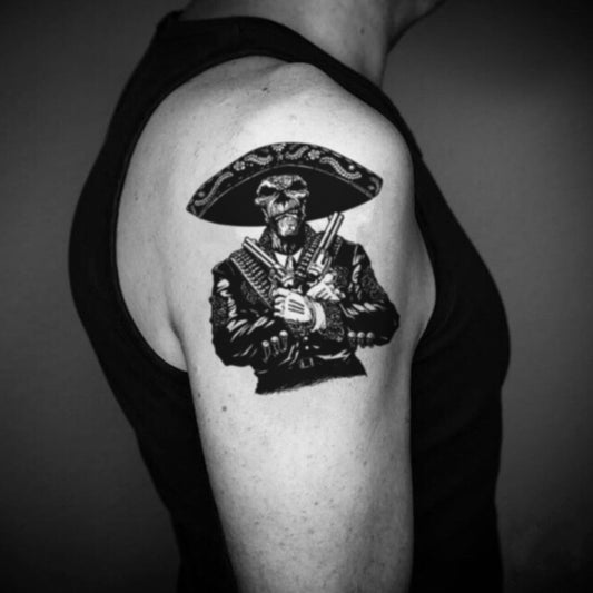 fake big mexican charro skull conquistador illustrative temporary tattoo sticker design idea on upper arm