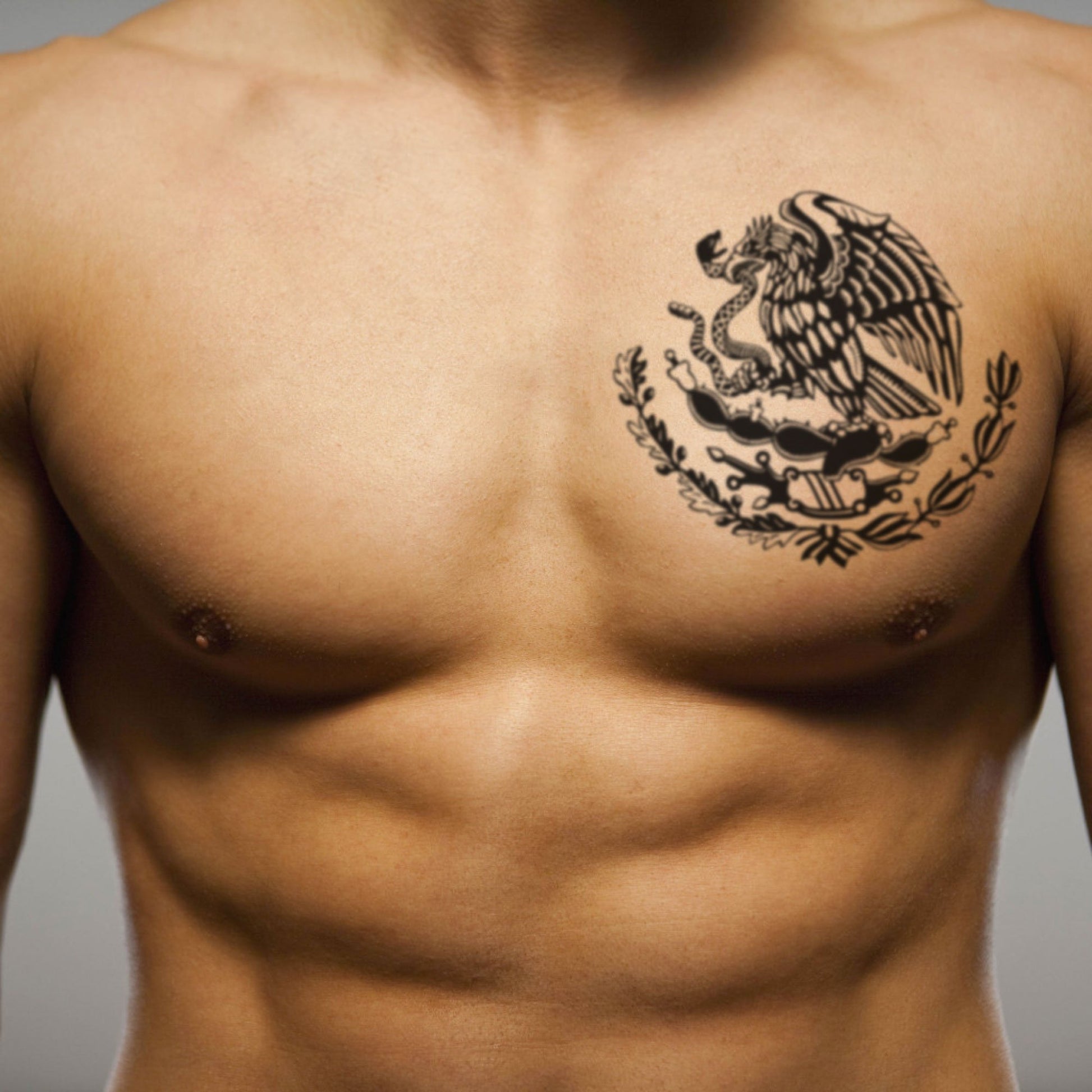 fake big mexican eagle flag pride aztec warrior mafia style pec pectoral muscular man nipple tribal temporary tattoo sticker design idea on chest