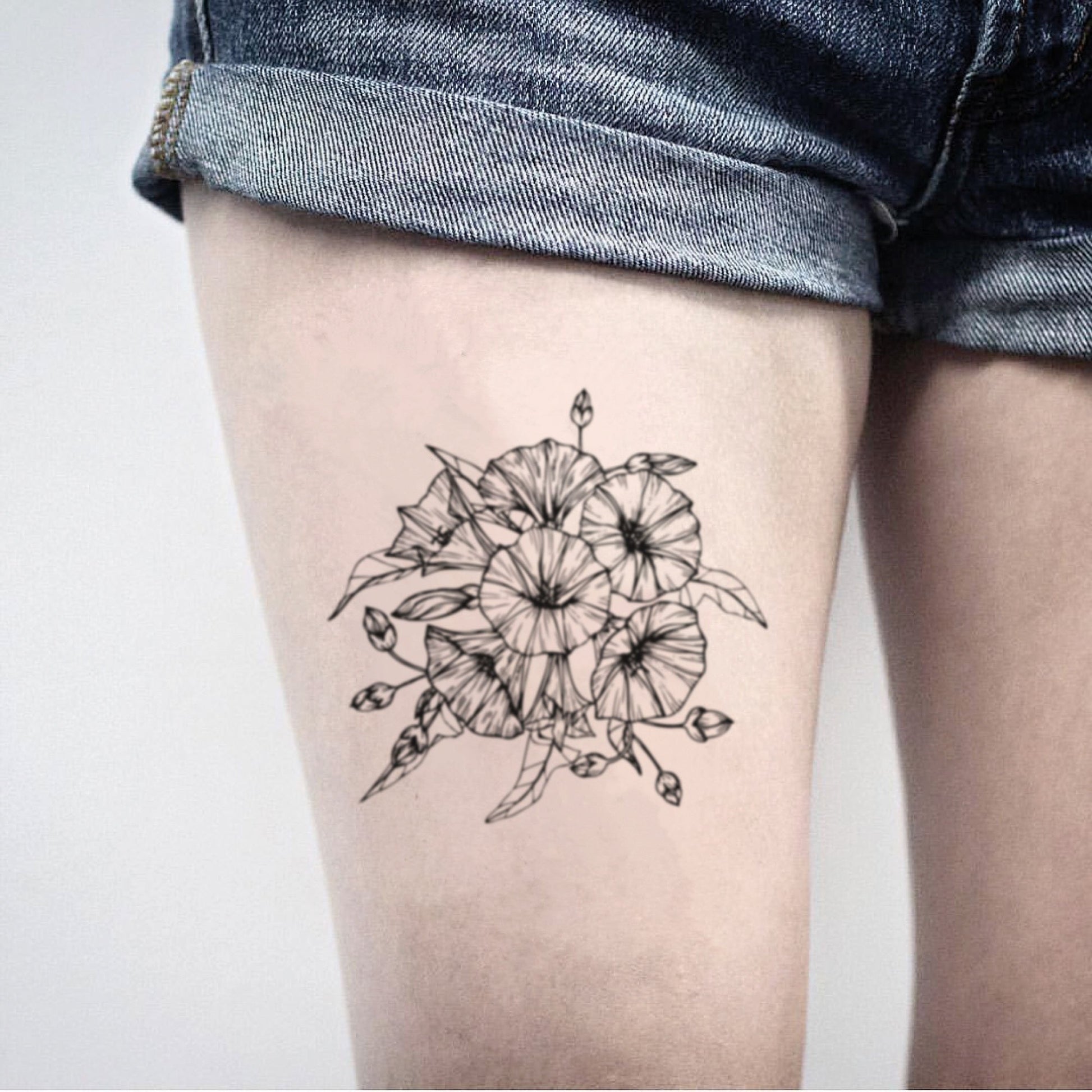 fake big morning glory flower bouquet flower temporary tattoo sticker design idea on thigh