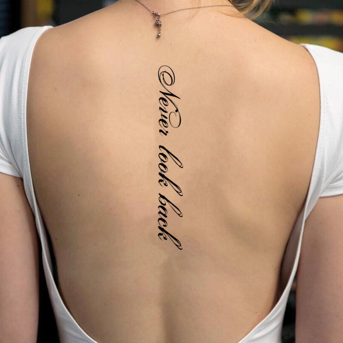 fake big full never look back scoliosis lettering temporary tattoo sticker design idea on back