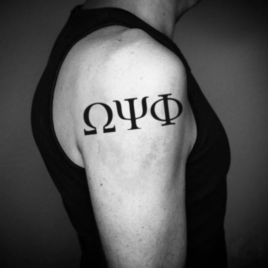 fake big omega psi phi minimalist temporary tattoo sticker design idea on upper arm